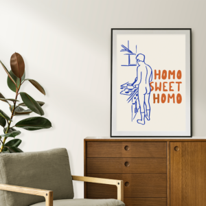 Plakat Homo Sweet Homo z nagim mężczyzną w kuchni – artystyczna dekoracja ścienna do kuchni lub jadalni, idealna dla miłośników męskiej estetyki i niebanalnych plakatów.